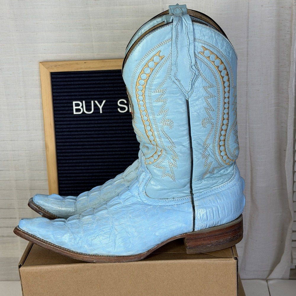 DONALDO Boots Genuine Leather Croc Embossed Men Size 8.5 Light Blue Pointed Toe